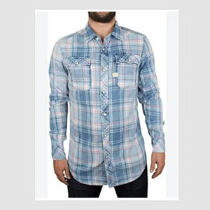 G-Star Raw Landoh Pearl Snap Faded Plaid Button Down Shirt Size L Western Blue